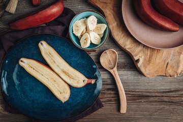 Fresh raw red bananas from South America