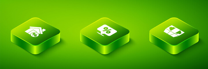 Set Isometric Discount percent tag, Stacks paper money cash and House with percant discount icon. Vector