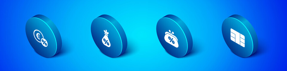 Set Isometric Money coin with percent, Purse money, Credit card chip and bag icon. Vector