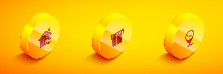 Set Isometric House with percant discount, Credit card and Location percent icon. Vector