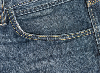 front pocket of blue classic jeans, full frame