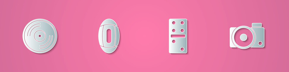 Set paper cut Vinyl disk, American Football ball, Domino and Photo camera icon. Paper art style. Vector