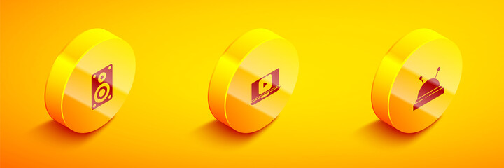 Set Isometric Stereo speaker, Online play video and Needle bed and needles icon. Vector