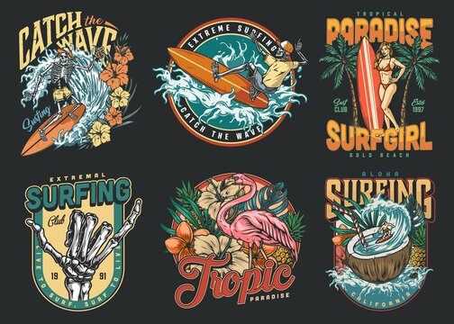 Surfing vintage colorful labels