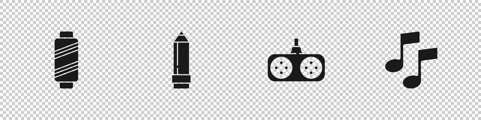 Set Sewing thread on spool, Pencil with eraser, Gamepad and Music note, tone icon. Vector
