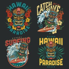 Fototapeta na wymiar Hawaii surfing vintage colorful labels
