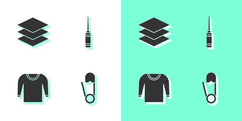 Set Safety pin, Layers clothing textile, Sweater and Awl tool icon. Vector