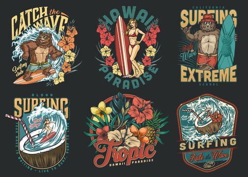 Colorful vintage surfing badges