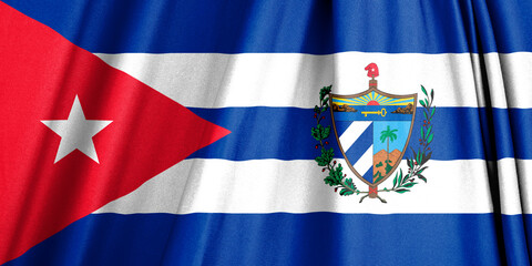 Flag of Cuba with coat of arms waving in the wind 3D illsutration