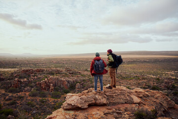 Rear view of male best friends with backpack looking at landscape view while standing on mountain cliff