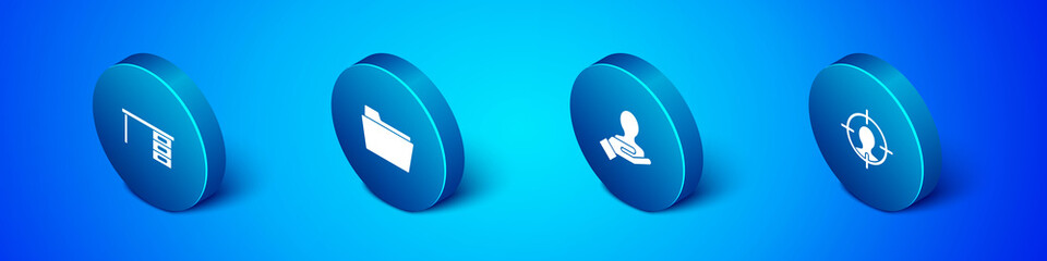 Set Isometric Office desk, Hand for search a people, Head hunting concept and Document folder icon. Vector