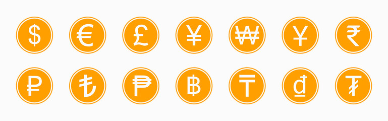 Golden coins with various currency symbols. Currencies collection set isolated on white background. Vector illustration.