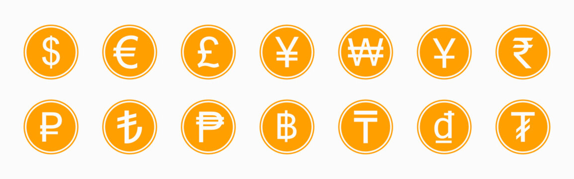 Golden coins with various currency symbols. Currencies collection set isolated on white background. Vector illustration.