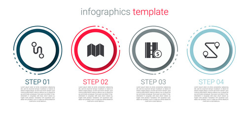 Set Route location, Folded map, Toll road traffic sign and . Business infographic template. Vector