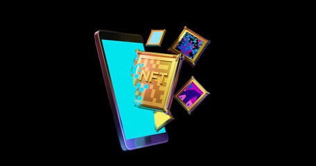 3D render illustration of golden NFT, Crypto currency coins getting into a smartphone, online payment, transaction concept