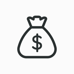 Dollar icon. American currency symbol. Sack with US dollar isolated on white background. Money bag outline icon vector pictogram.