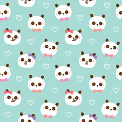 Seamless Pattern with Cartoon Panda Face and Heart Design on Green Background