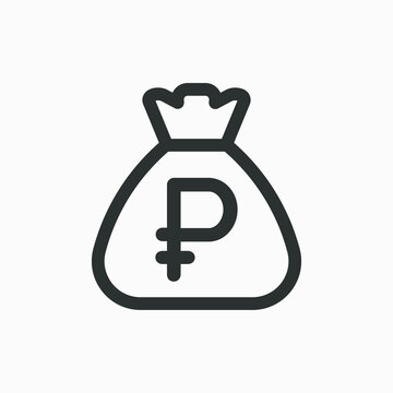 Ruble icon. Russian currency symbol. Sack with russian ruble isolated on white background. Money bag outline icon vector pictogram.