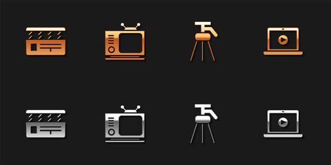Set Movie clapper, Retro tv, Tripod and Online play video icon. Vector