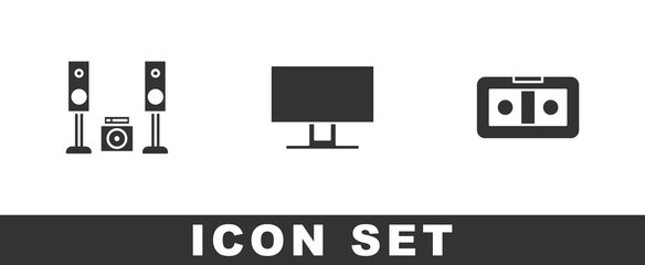 Set Home stereo with two speakers, Smart Tv and VHS video cassette tape icon. Vector