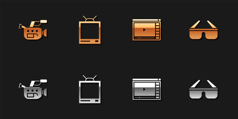 Set Cinema camera, Retro tv, Online play video and 3D cinema glasses icon. Vector