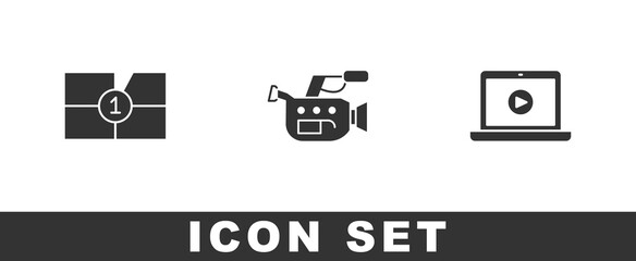 Set Old film movie countdown frame, Cinema camera and Online play video icon. Vector