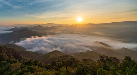 Beautiful morning Sunrise and Fog flow over mountain in Ai yerweng, Yala, Thailand