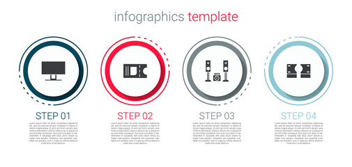 Set Smart Tv, Cinema ticket, Home stereo with two speakers and Stacks paper money cash. Business infographic template. Vector