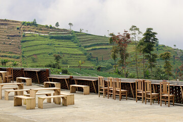 Fototapeta premium Table and chair cafe exterior in top hill