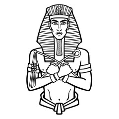 Animation portrait Egyptian man  with crossed hands holds symbols of power. Vector illustration isolated on a white background. Print, poster, t-shirt, tattoo.