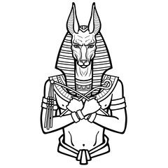 Fototapeta na wymiar Animation portrait Egyptian God Anubis with crossed hands holds symbols of power. God of death. Vector illustration isolated on a white background. Print, poster, t-shirt, tatto.