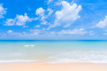 Beautiful tropical beach with blue sky and white clouds abstract texture background. Copy space of...