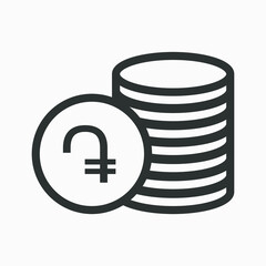 Armenian dram icon. Money outline vector illustration. Pile of coins icon isolated on white background. Stacked cash. Currency symbol of Armenia.