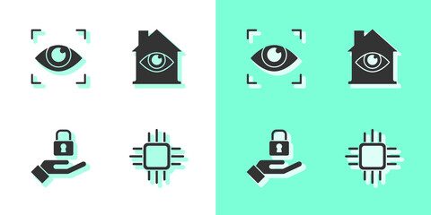 Set Processor with microcircuits CPU, Eye scan, Lock in hand and House eye icon. Vector