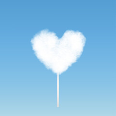 Cotton candy isolated on blue sky background. White Sugar clouds or Candy floss in heart shape, 3d vector Mesh tool