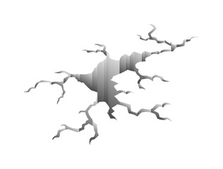 Crack after earthquake. Hole in ground and destruction crack. Aging or dried ground effects, land destruction. Cracked ground isolated on a white background