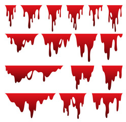 Paint dripping liquid. Flowing oil stain. Set of red drips. Current ink streak, fluid smudge. Vector illustration on white background