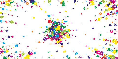 Falling letters of English language. Bright flying words of Latin alphabet. Foreign languages study concept. Wonderful back to school banner on white background.