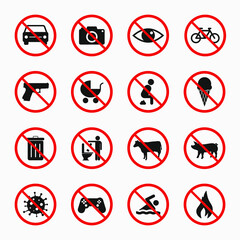 Prohibition sign set of 16 symbols. Vector illustration. Forbidden signs collection.