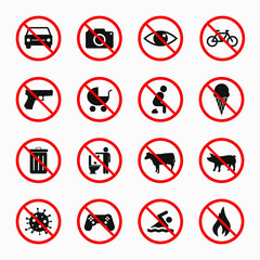 Prohibition sign set of 16 symbols. Vector illustration. Forbidden signs collection.