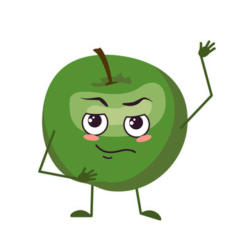 Cute apple character with face and emotions, arms and legs. The funny or sad hero, green fruit