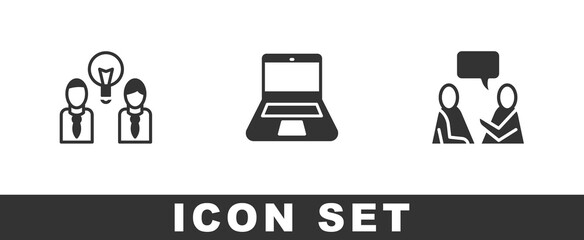 Set People with lamp bulb, Laptop and Two sitting men talking icon. Vector