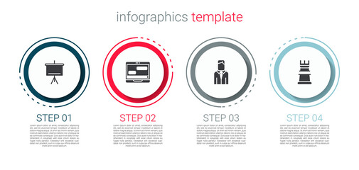 Set Chalkboard, Chat messages on laptop, Worker and Business strategy. Business infographic template. Vector
