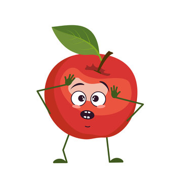 Cute apple character with emotions in a panic grabs his head, face, arms and legs. The funny or sad hero, red fruit