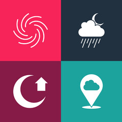 Set pop art Location cloud, Moon, Cloud with rain and moon and Tornado icon. Vector
