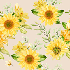 yellow watercolor sunflowers seamless pattern 