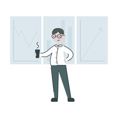 Vector illustration of a tired office worker looking at charts and drinking morning coffee