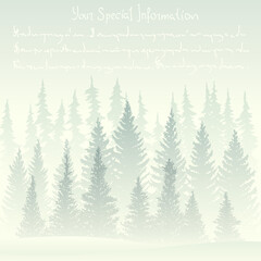 Obraz premium Square illustration of winter card with foggy coniferous forest, place for text.