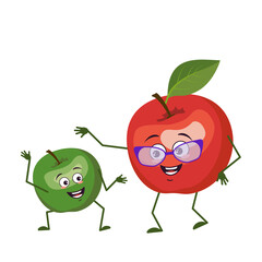 Cute apple characters funny grandmother and grandson, arms and legs. The funny or happy hero, green and red fruits