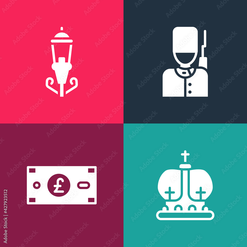 Canvas Prints Set pop art British crown, Pound sterling money, soldier and Vintage street light icon. Vector